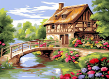 Wooden House Along Riverside Hand Painted Design Printed Needlepoint Canvas N13