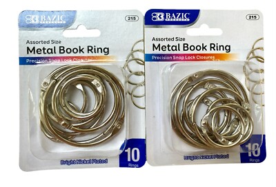 Bazic metal book ring 10 pc assorted size bright nickel plated pk of 2 total 20 