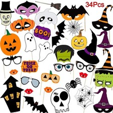 34 Pieces DIY Vintage Scary Halloween Photo Booth Props Kit Party Supplies