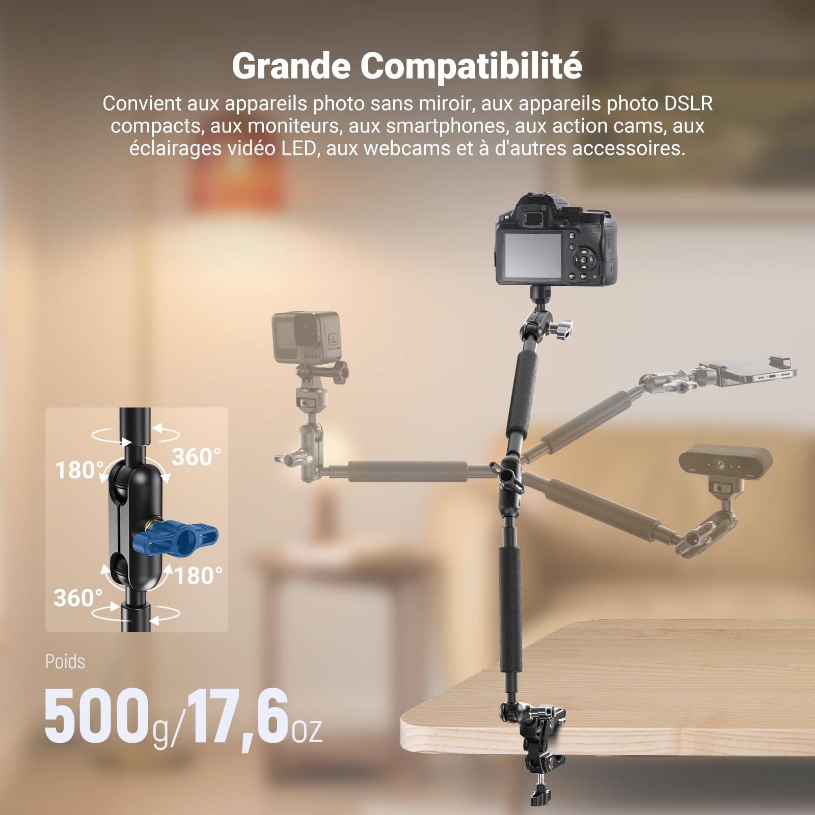 Support Caméra Articulé Bureau pour Vlogging et Streaming
