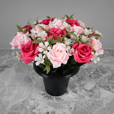 Grave Pot Artificial Silk Flowers Pink and Light Pink Open Roses Memorial Crem