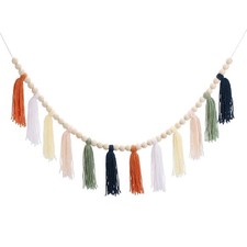 Yarn Tassel Garland with Wood Beads, 3.5ft Cotton Tassel Banner, Colorful-3