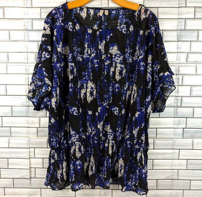 Madison Woman Semi Sheer Top Size 2X Short Dolman Sleeve Blue Black Abstract