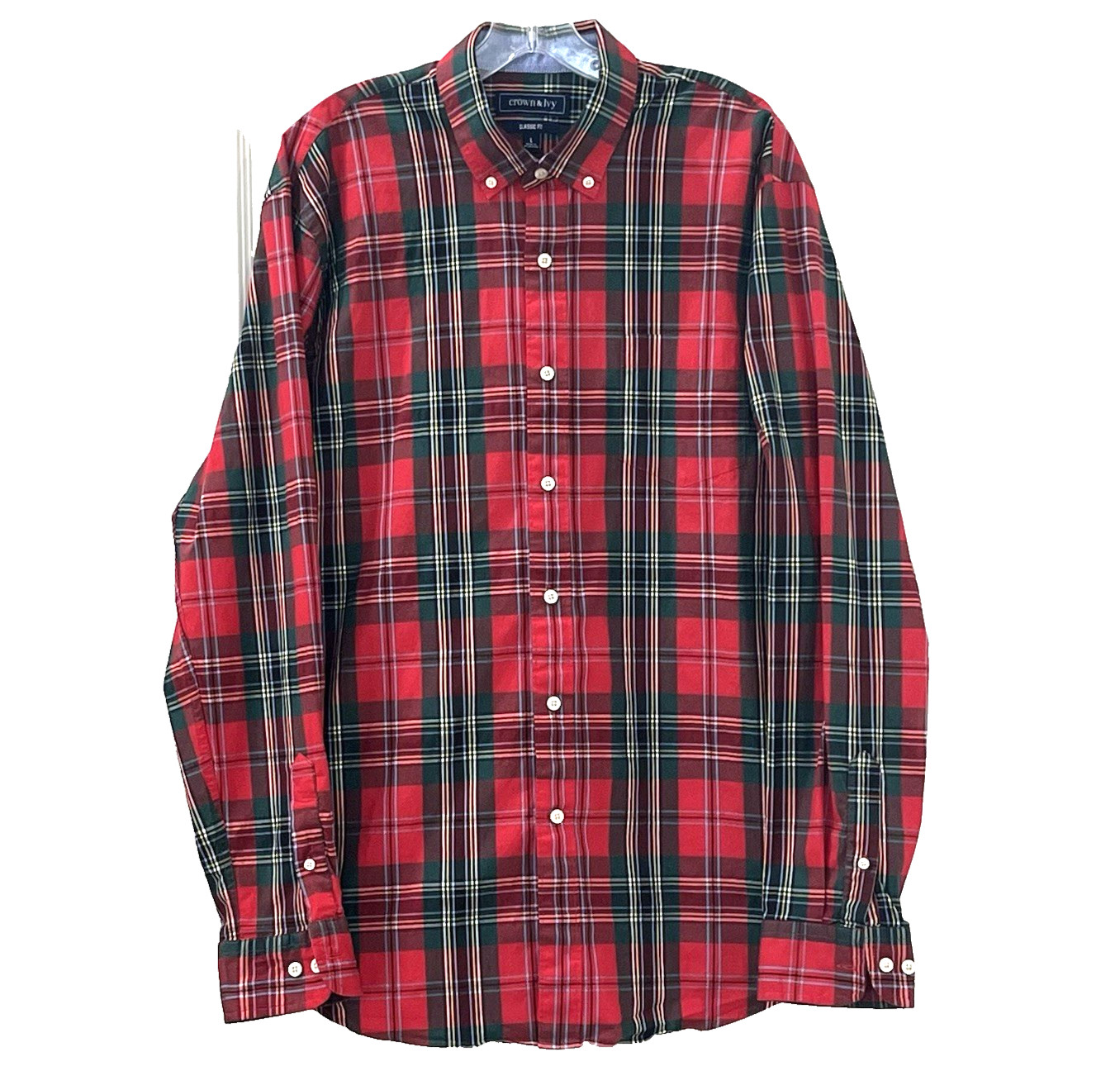 Crown & Ivy Men's Shirt L Red Green Plaid Button Down Stretch Long Sleeve Cotton