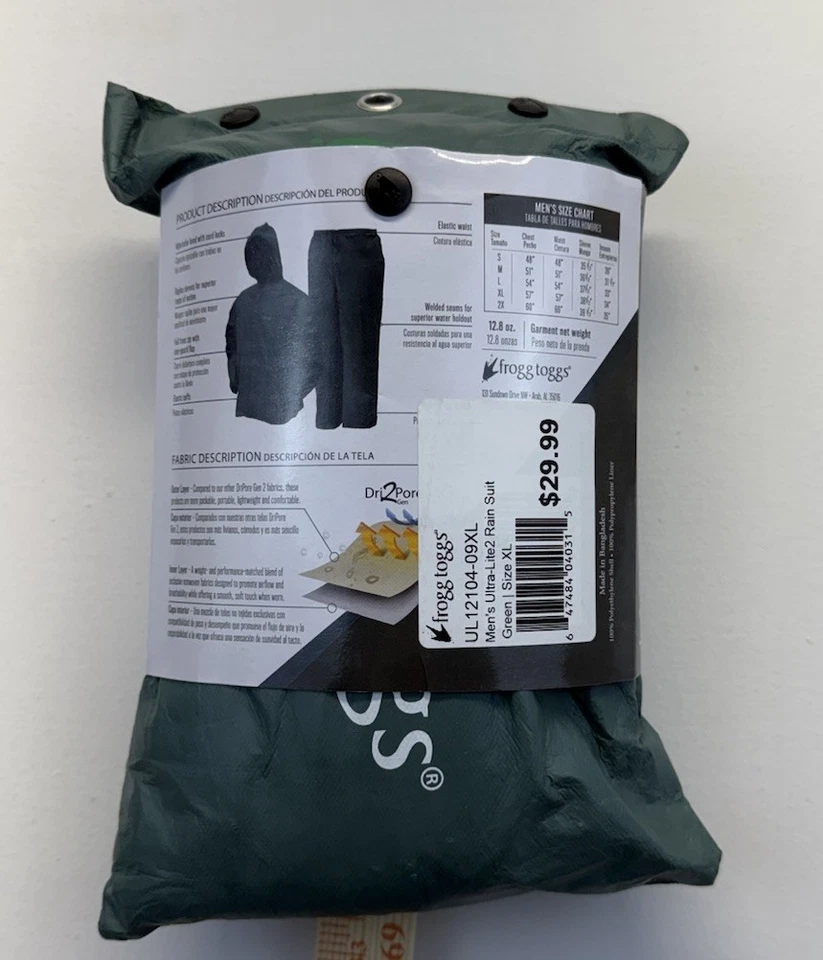 Frogg Toggs Ultra-Lite2 Rain Suit XL Green Waterproof Jacket & Pants New - Image 3 of 3