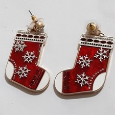 Christmas Holiday Red Enamel Stocking Drop Earrings Snowflake Rhinestone 2"