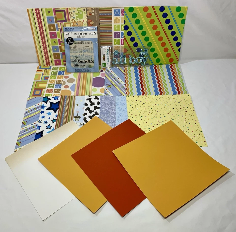 8x8 Cardstock Lot - 26 Sheets - Little Boy Themed - Vellum Pack + Embellishment - Image 4 of 4