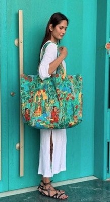 Indian Green Frida Print Quilt Shoulder Bag Women's Beach Cotton Tote Handbag US