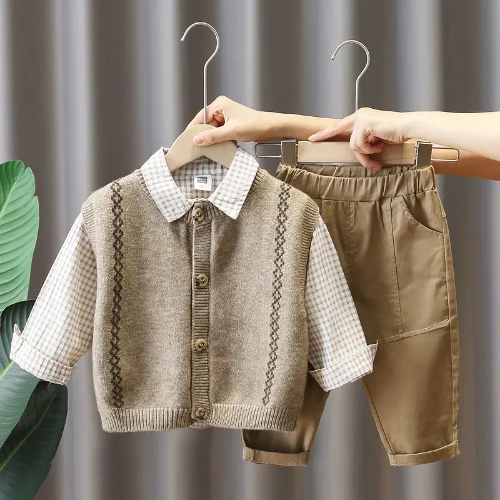 Baby Plaid Set New Boy Korean Vest Sweater + Shirt + Jeans Three-piece Sets Suit - Picture 12 of 15