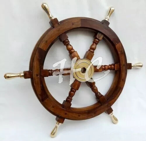 18 Inch Handmade Nautical Wooden Ship Wheel Wall Decor with Brass Handle