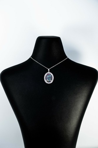 Halo Australian Fire Triplet Opal Necklace White Gold Plated Sterling Silver - Picture 5 of 6