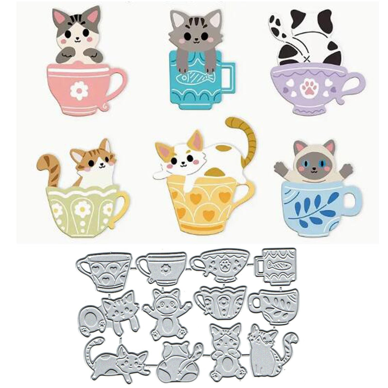 Cute Cat Cup Metal Die Cuts,Fish Cat Teapot Flower Leaf Heart Cutting Dies Cu...