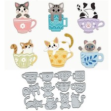 Cute Cat Cup Metal Die Cuts,Fish Cat Teapot Flower Leaf Heart Cutting Dies Cu...