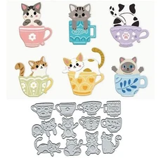 Cute Cat Cup Metal Die Cuts,Fish Cat Teapot Flower Leaf Heart Cutting Dies Cu...