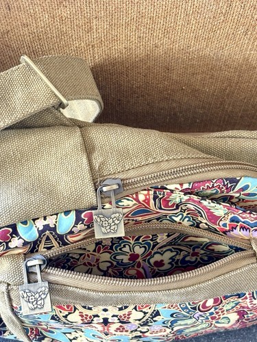 Black Butterfly Tan Canvas Crossbody Bag Purse Colorful Paisley Design Adj Strap - Picture 10 of 24