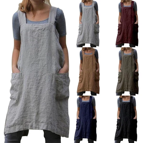 Damen Baumwolle Leinen Rückenschürze Kleid Damen Locker Hausmann Kochen Florist Neu - Bild 8 von 23