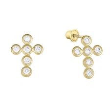 14K Real Solid Gold Bezel CZ Baby Cross Sleeper Studs Earrings Screw-back