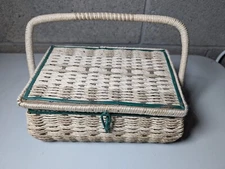 Vintage Sewing Box With Notions Wicker Basket Estate Lot