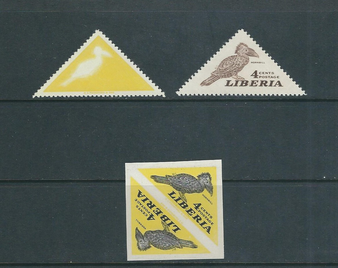 LIBERIA 1958 4 cent HORNBILL (Sc 343 THREE VARIETIES) VF MNH