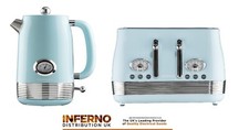 DAEWOO Denver Vintage Stainless Steel Kettle And 4 Slice Toaster Set In Sky Blue