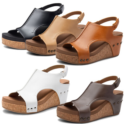 Women Platform Wedge Sandals Open Toe Cork Sole Summer Beach Walking  Sandals