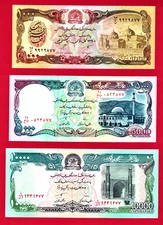 AFGHANISTAN UNC NOTES 1K Afghani 1990 (P-61b), 5K Afg 1993 (P-62) & 10K  (P-63b)