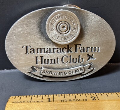 Vintage Tamarack Farm Hunt Club Gray Metal Belt Buckle Sporting Clays Remington