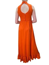 Sz S/M Vtg 70s Maxi Dress Open Keyhole Back Ruffle Hem Orange Knit Lorrie Deb