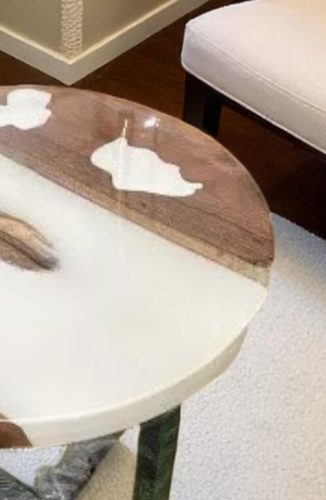 18" Round White Epoxy Resin Coffee Table Live Edge Wooden Handmade Garden Decors - Picture 4 of 8