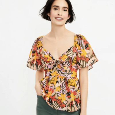 NWOT Loft Tropical Orange Flutter Tie Neck Babydoll Top Large