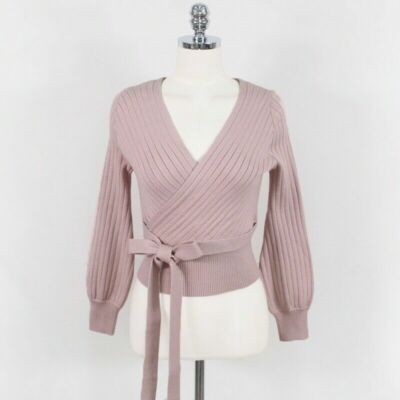 Lady V Neck Sweater Jumper Wrap Top Cross Knitted Belt Waist Slim Pullover Basic