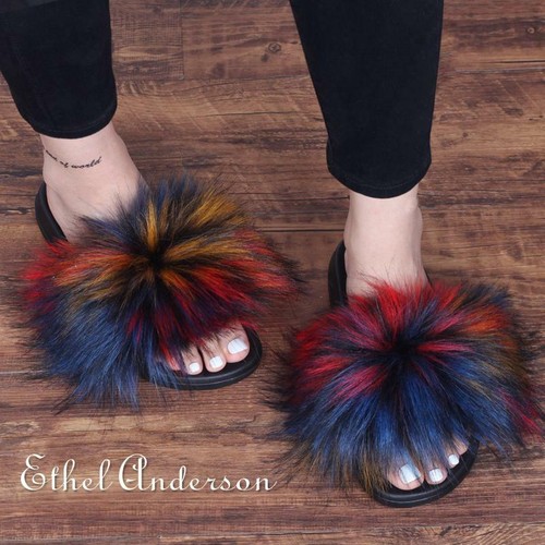 Womens Flip Flops Soft Faux Fur Fuzzy Slip on Sandals Slide Slippers Flat Colors - Picture 13 of 23