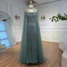 Beaded Mermaid Evening Dress with Detachable Cape and Long Sleeves Luxury Gowns