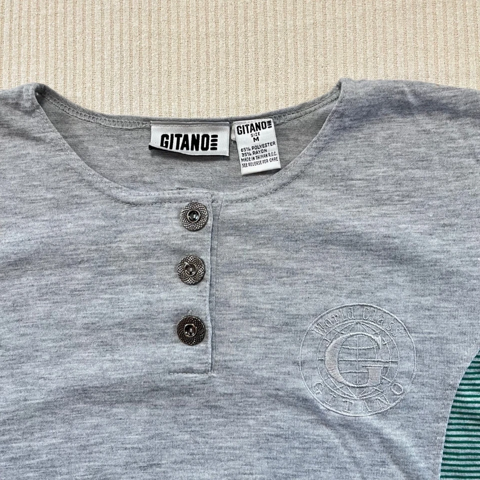 Camisa Gitano Vintage Clase Mundial Gris Rayas Mujer Mediana Manga Corta Foto 3 de 4