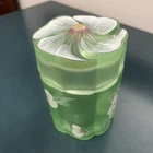 Fenton Green Satin Glass Jar w Lid Hand-Painted Collectible, Artist Signed
