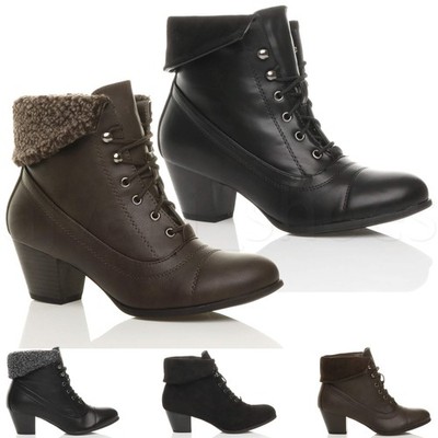 DAMEN HALBHOHER ABSATZ ZUM SCHNÜREN VINTAGE FELLMANSCHETTE WINTER PIXIE STIEFELETTEN GRÖSSE
