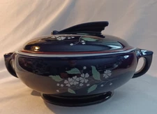 Hall China Co Cobalt Blue Garden Casserole Flowers Deco Sundial Red Trim