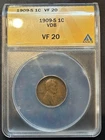 1909 S VDB Lincoln Wheat Cent ANACS VF20 Straight Graded Coin