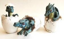Green Red Eyed Baby Dragons Hatching from Eggs Set of 3 Figurines