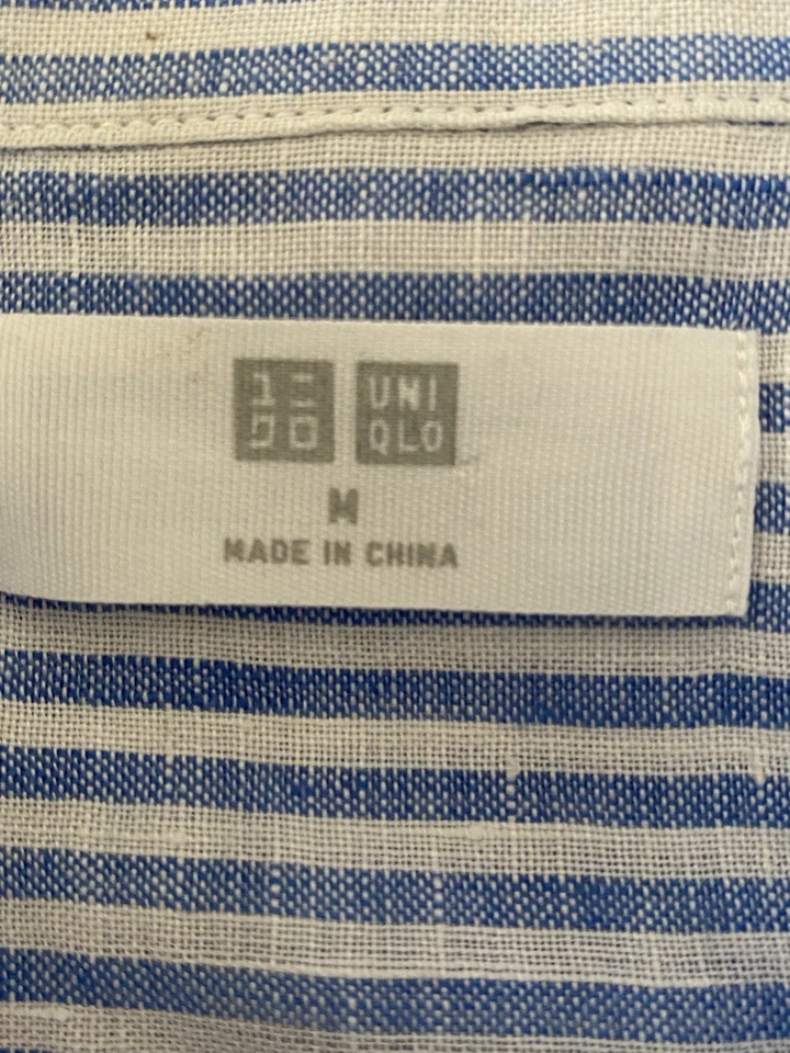 Uniqlo Shirt Men’s Medium Premium Linen Blue Striped Long Sleeve Button Front - Image 3 of 4