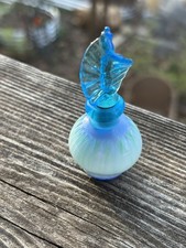 Hand Blown Art Glass Perfume Bottle w/ Stopper Blue  Swirl Decorative 3”