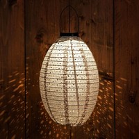 Led Solar Textil Lampion Grau Oval - 32Cm - Garten Balkon Deko Party Beleuchtung