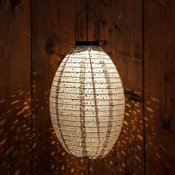 Led Solar Textil Lampion Grau Oval - 32Cm - Garten Balkon Deko Party Beleuchtung-image
