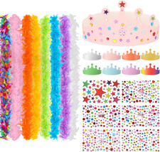 8 Pcs 6.6Ft Feather Boas  8 Paper Crowns with Stickers Dress up Party Kit for M