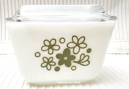 Vtg Pyrex Spring Blossom Green 501 Refrigerator Dish with Lid Crazy Daisy MCM GA