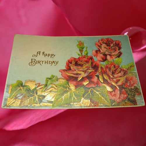 Postal de feliz cumpleaños 1911 rosas con acabado en gelatina dorada 0473 Alemania - Imagen 1 de 2