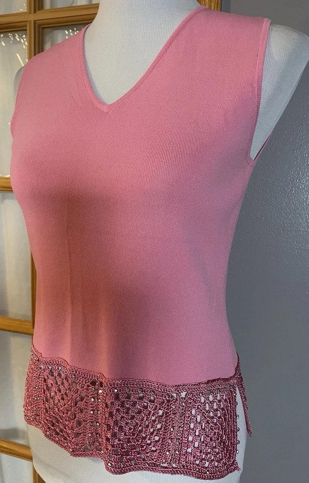 Camiseta sin mangas Y2K Joseph A años 90 para mujer talla L crochet rosa tejido tachuelas fiesta carrera Foto 2 de 4