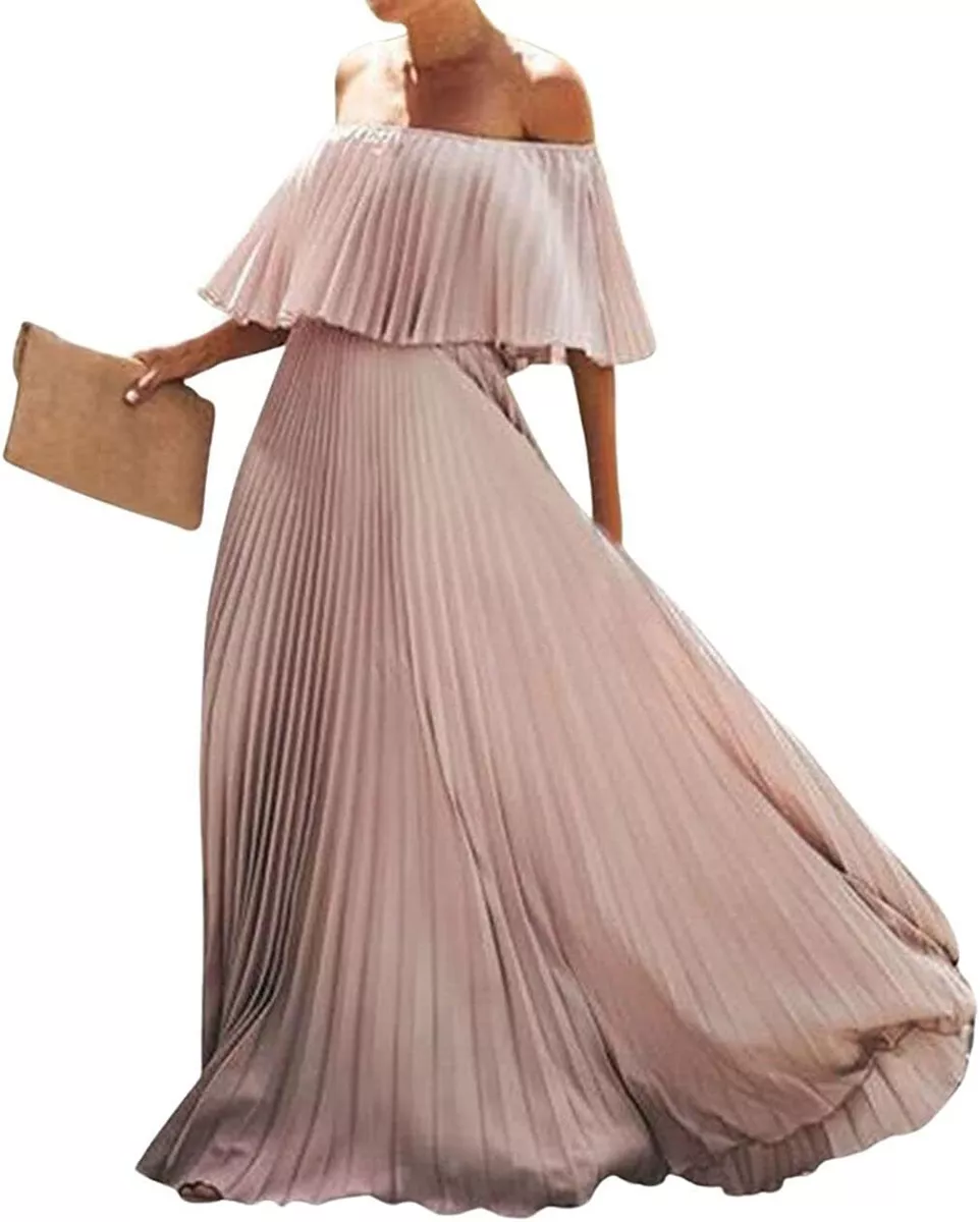 Women s Chiffon Off Shoulder Pleated Maxi Dress Party Beach Flowy