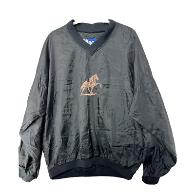 PRO PLAYER Pullover Windbreaker Mens Large Black Jacket Embroidered Horse Pocket