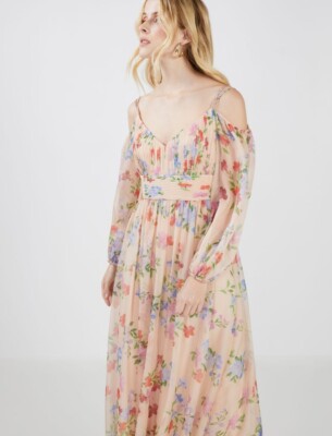 bcbg floral chiffon dress NWT $498 BCBG Maxazria Iridescent Floral Chiffon Gown in Rose Smoke size 0